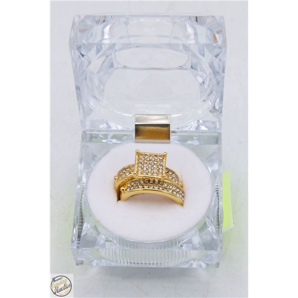 GOLD TONE LADIES WHITE ZIRCONIA 2 RING SET