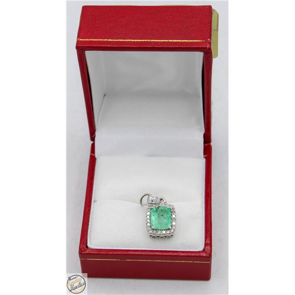 STAMPED 14K WHITE GOLD EMERALD & DIAMOND PENDANT