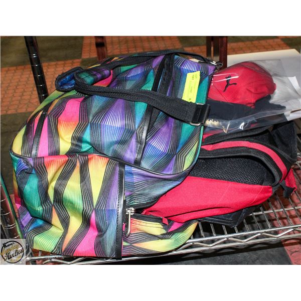 ASSORTED BAGS, HATS, ETC