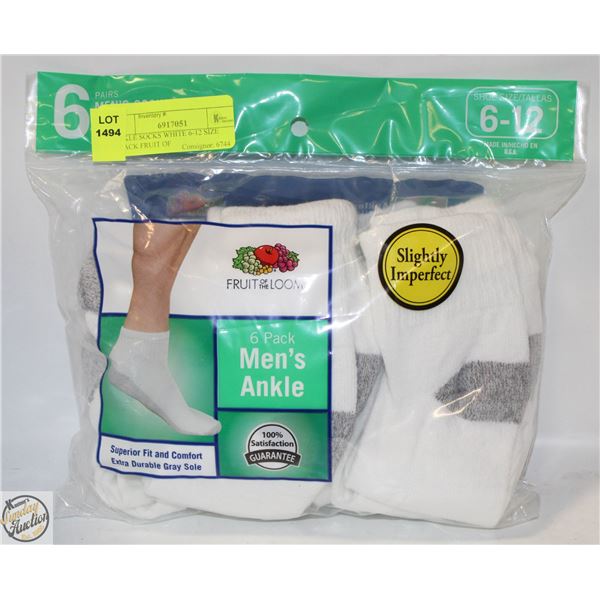 ANKLE SOCKS WHITE 6-12 SIZE 6-PACK FRUIT OF