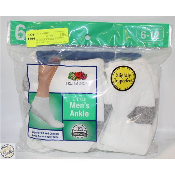 ANKLE SOCKS WHITE 6-12 SIZE 6-PACK FRUIT OF