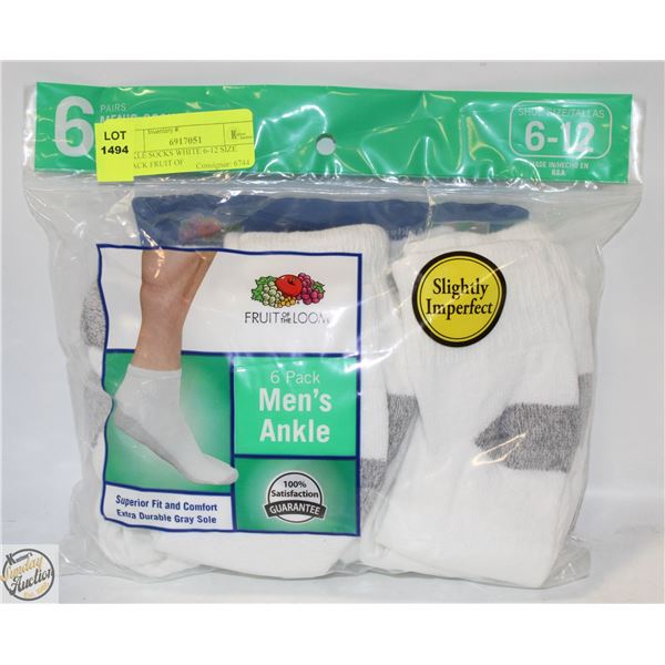 ANKLE SOCKS WHITE 6-12 SIZE 6-PACK FRUIT OF