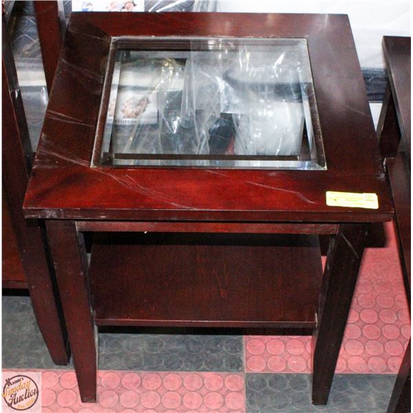 2 TIER WOOD AND GLASS END TABLE