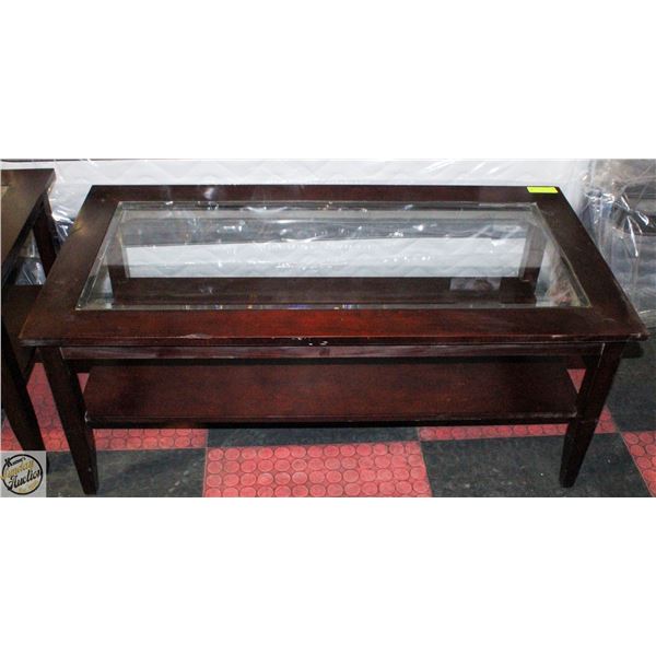 2 TIER WOOD AND GLASS COFFEE TABLE