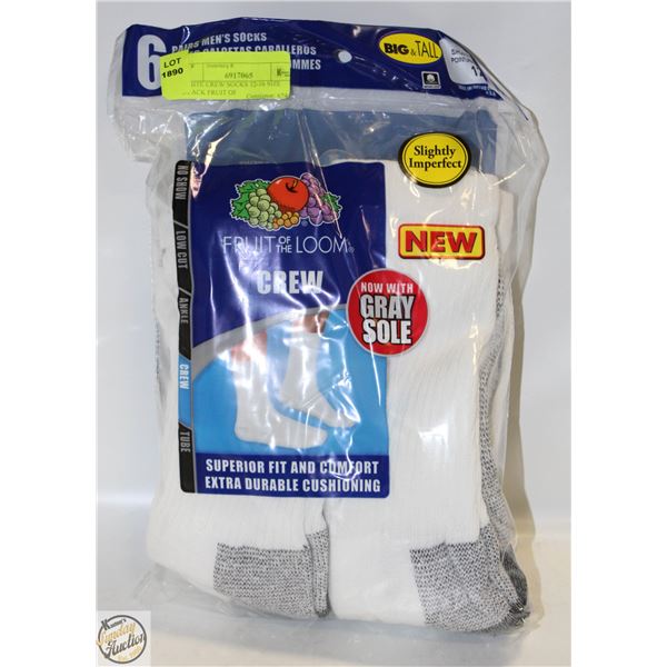 WHITE CREW SOCKS 12-16 SIZE 6-PACK FRUIT OF