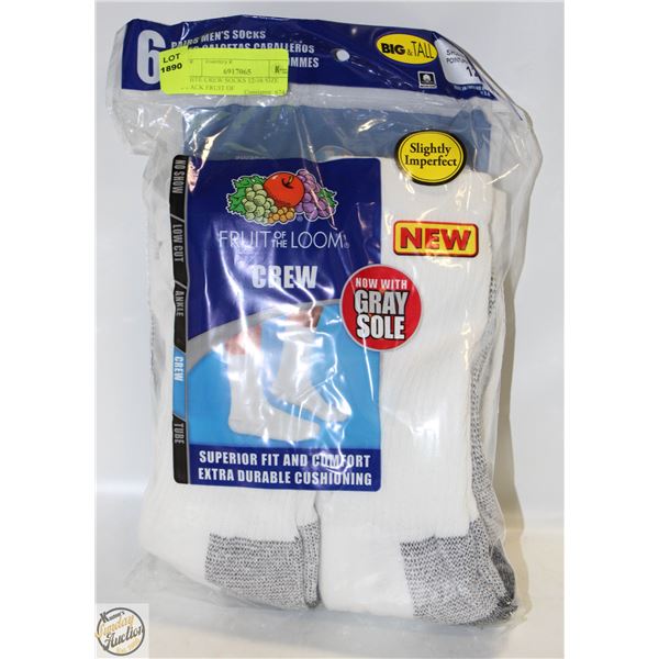 WHITE CREW SOCKS 12-16 SIZE 6-PACK FRUIT OF