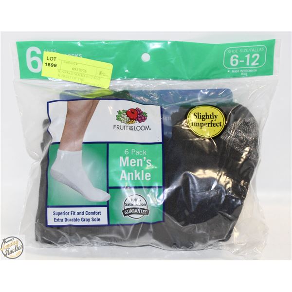 BLACK ANKLE SOCKS 6-12 SIZE 6-PACK FRUIT OF THE