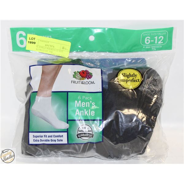 BLACK ANKLE SOCKS 6-12 SIZE 6-PACK FRUIT OF THE