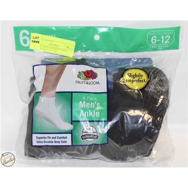 BLACK ANKLE SOCKS 6-12 SIZE 6-PACK FRUIT OF THE