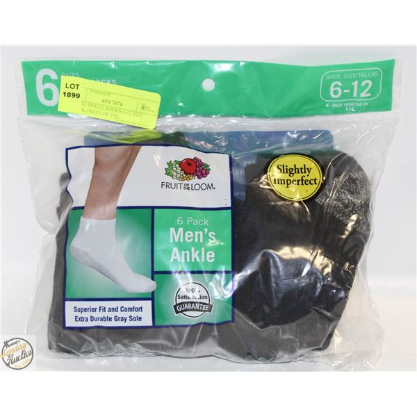 BLACK ANKLE SOCKS 6-12 SIZE 6-PACK FRUIT OF THE