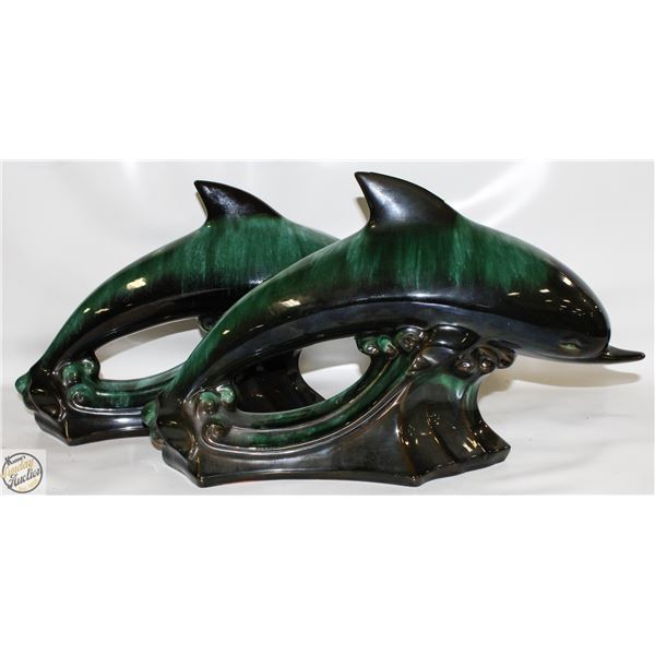 PAIR OF BLUE MOUNTIAN POTTERY DOLPHINS
