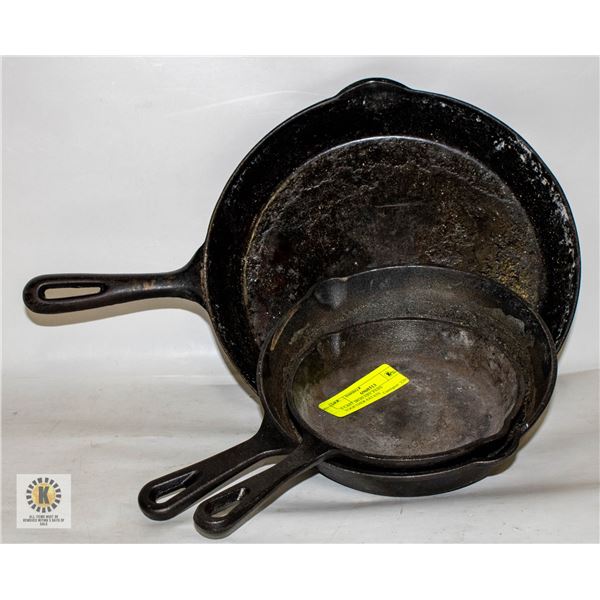 3 CAST IRON FRY PANS TOGETHER-ESTATE