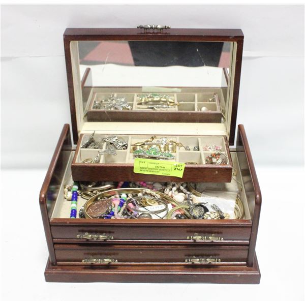 WOOD JEWELRY BOX FULL OF ESTATE JEWELRY