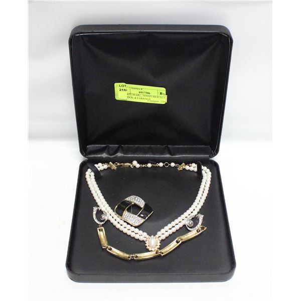 ESTATE PEARL, TENNIS BRACELT, BROOCH, & EARRINGS