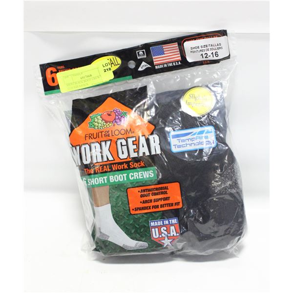 SHORT BLACK BOOT CREW SOCKS 12-16 SIZE 6-PACK