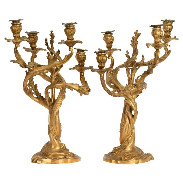 Pair of French Rococo Dore Bronze Candelabra