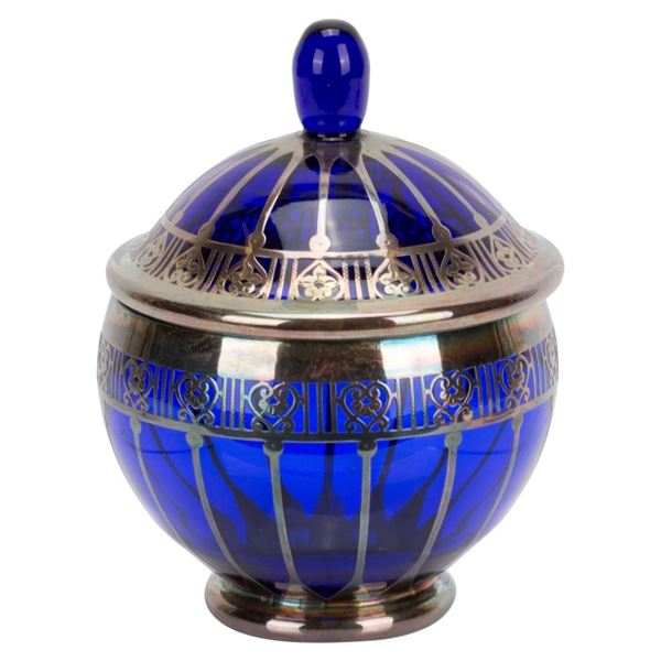 Cobalt Blue Silver Overlay Lidded Candy Dish