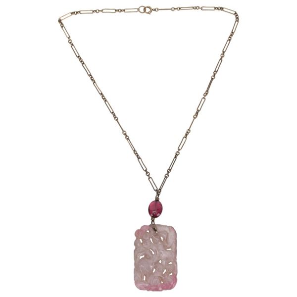 Antique Carved Chinese Tourmaline Silver Necklace