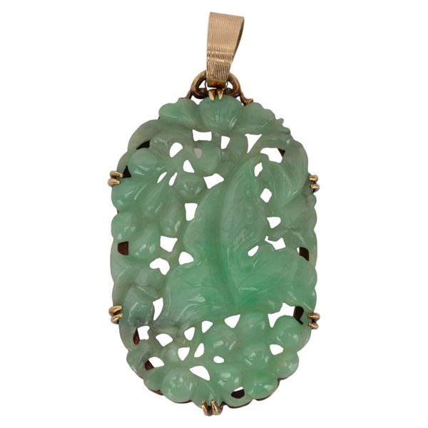 Antique Chinese 14K Carved Green Jade Pendant