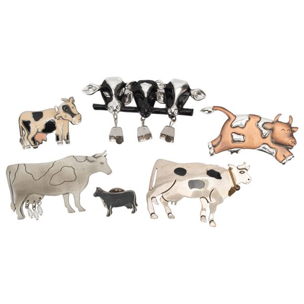 Figural Cow Brooches - Six Piece Mixed Metals Lot