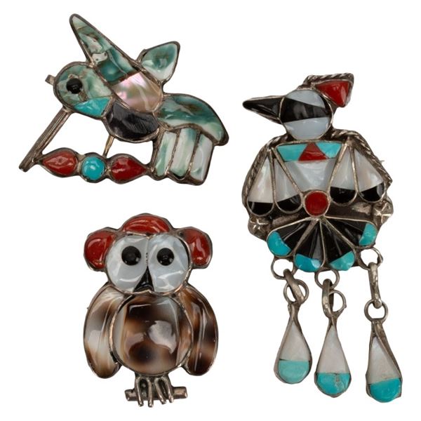 Native American Sterling Inlaid Pendant Pin Lot