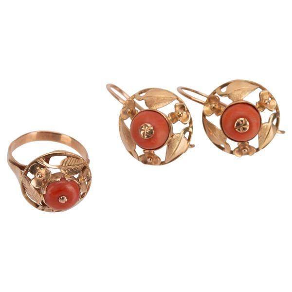 Antique Polish 14K Gold & Coral Demi Parure