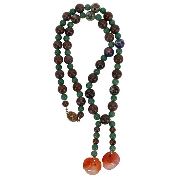 Chinese Hardstone Jade Cloisonne Bead Necklace