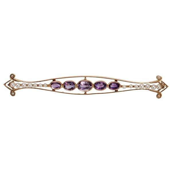 Antique 14K Amethyst Seed Pearl Bar Pin