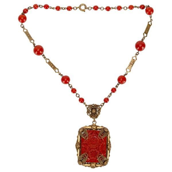 Art Deco Czech Carved Glass Pendant Necklace