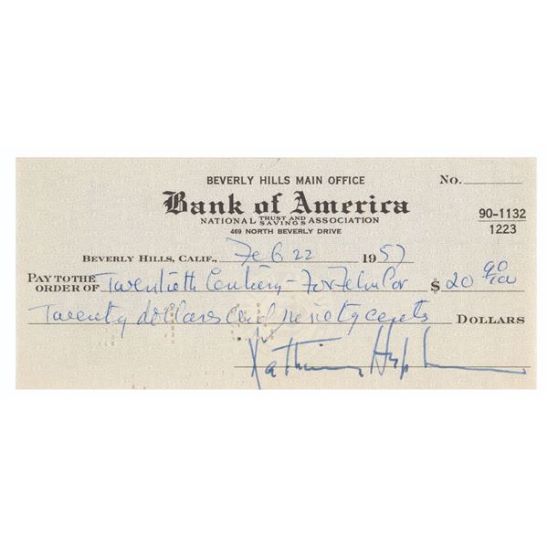 A Katharine Hepburn Signed Bank Check.