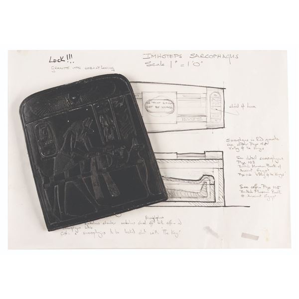 A "The Mummy" Sarcophagus Concept Drawing and Relief Prototype.