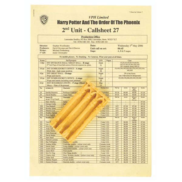A Hogwarts Miniature Casting and Call Sheet from Harry Potter.