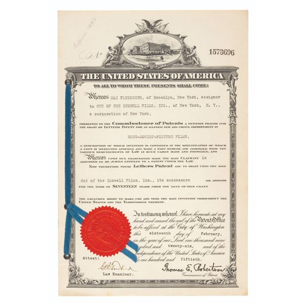 Max Fleischer’s Original Song-Motion-Picture Patent Certificate.