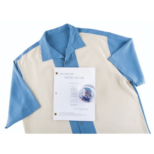 A "Two and a Half Men” Charlie Sheen Costume Shirt, Production Script, and Crew Gift.