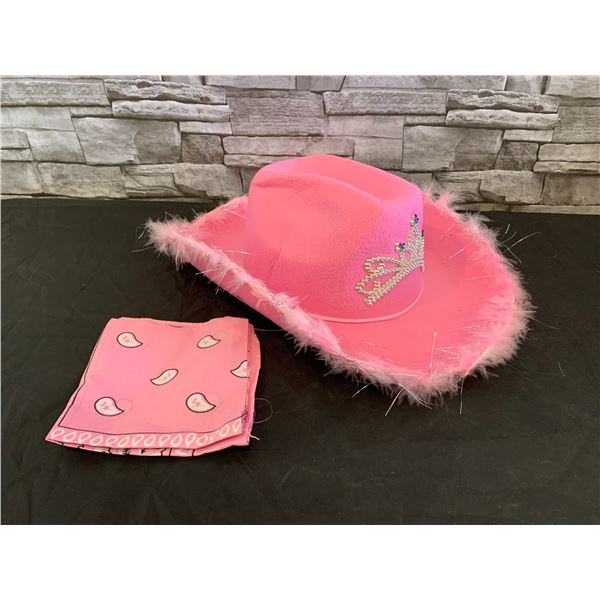 Cowboy Hat With Bandana Feather Boa Pink With Pink