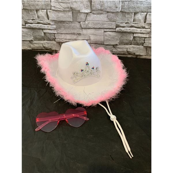 Cowboy Hat With Pink Glasses White With Pink Boa