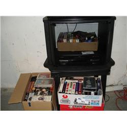 JVC VCR, TV Stand Cabinet And Lot Of Misc. VHS