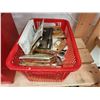 Image 1 : 626 -- POLISHED BRASS HINGES, ORGANIZER BOX FULL OF DRILL BITS AND SCREWS, SAW HORSE TRAY CLIPS AND 