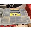 Image 2 : 626 -- POLISHED BRASS HINGES, ORGANIZER BOX FULL OF DRILL BITS AND SCREWS, SAW HORSE TRAY CLIPS AND 