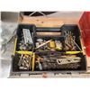 Image 3 : 626 -- POLISHED BRASS HINGES, ORGANIZER BOX FULL OF DRILL BITS AND SCREWS, SAW HORSE TRAY CLIPS AND 