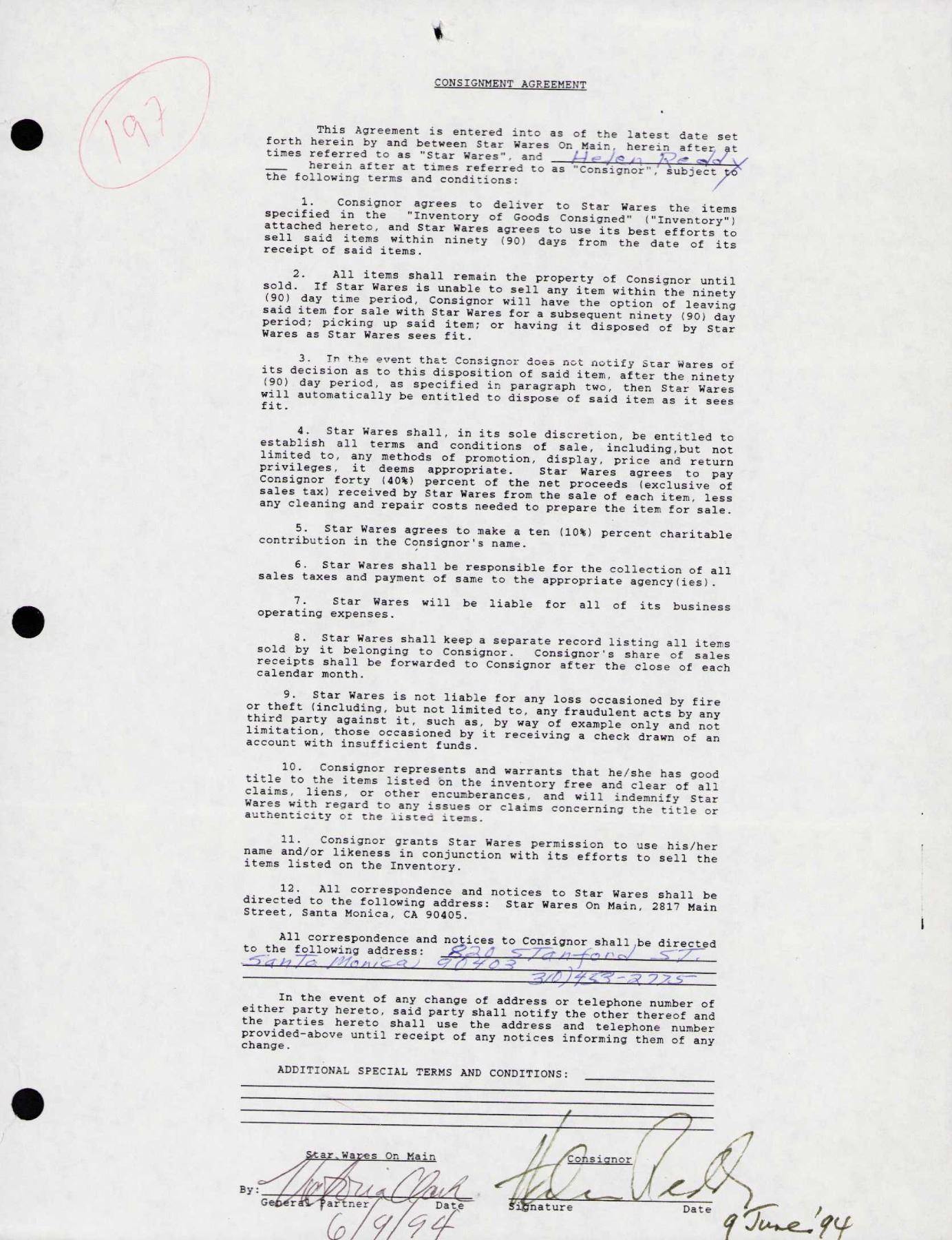Helen Reddy Autographed Helen Reddy signed document