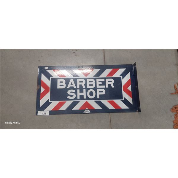 Nice condition vintage porcelain flange sign William Marvy Barber Shop 24"x12"