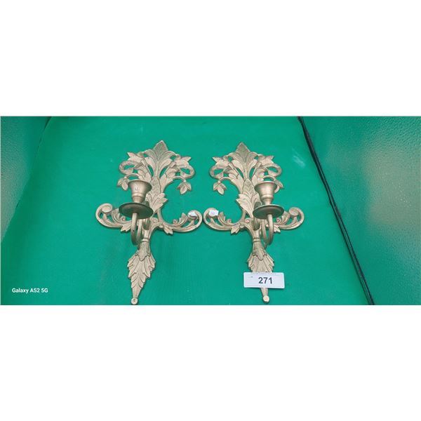 Pair of ornate metal vintage Regency candlestick wall sconces, each approx 15"x8"