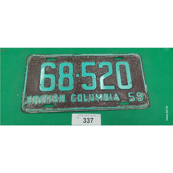 Vintage 1959 BC license plate