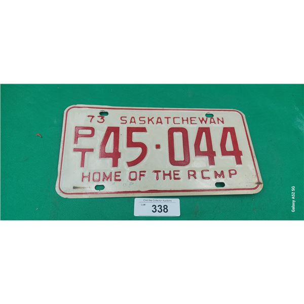 Vintage 1973 Sask license plate "Home of the RCMP"