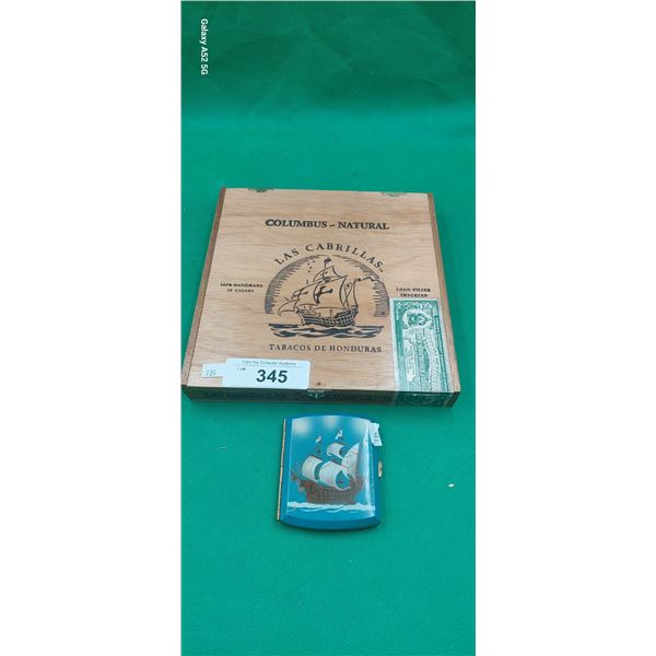 2 piece vintage ship cigar wood box and metal cigarette case