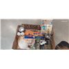 Image 1 : Box of vintage collectibles, 1957 license plate, Budweiser sign, 20 cent Superman comic, car show po