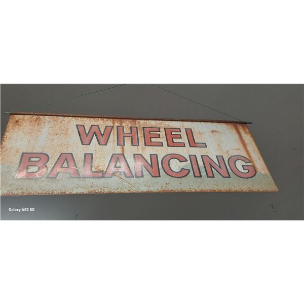 Vintage early 60s Wheel Balancing metal sign, possibly Firestone 32"x12" double sided