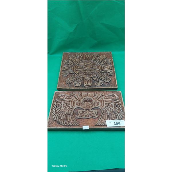 2 Vintage wooden carved indigenous art pices 11"x11" & 11"x7"