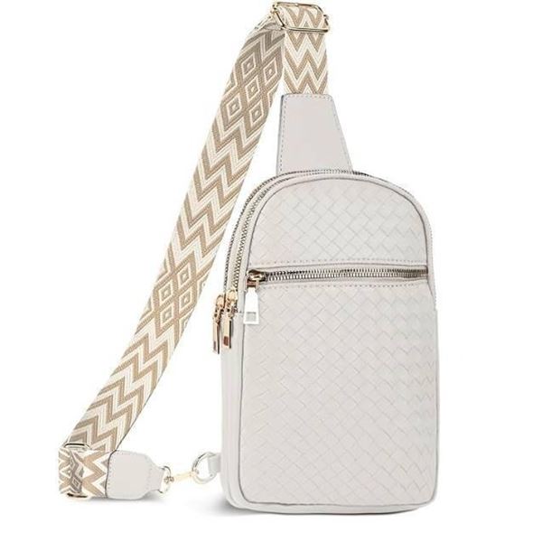 White Woven Faux Leather Backpack With Adjustable Strap